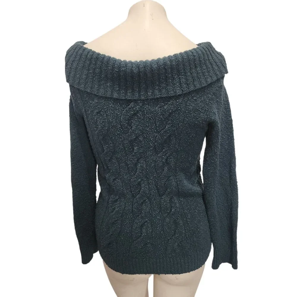 Free People Cable Knit Sweater L Off Shoulder Chunky Slouchy Boho Cozy - Picture 3 of 5